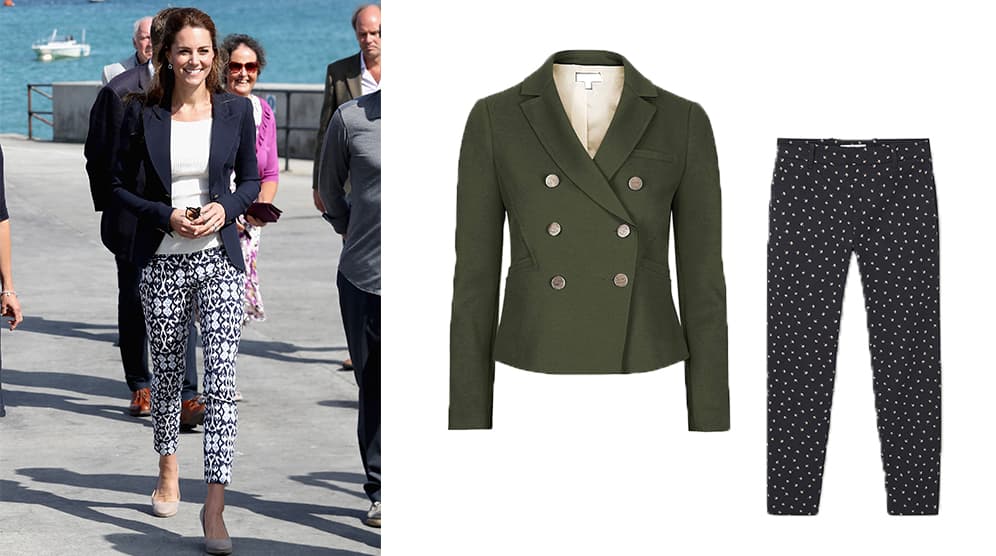 Los famosos pantalones estampados de 25 dólares de Gap que usó la Duquesa recientemente son una de esas prendas casi que básicas del armario. Para lograr su look clásico pero informal es suficiente conseguir un blazer ojalá de doble abotunadura. 
<br>
<b>LOOK 5</b>
<br>
<a href="http://www.gap.com/browse/product.do?pid=130046162&vid=3&cvosrc=affiliate.cj.5681125&cvo_crid=57328299578&Matchtype=&campaigntype=PLA&tid=goaff5681125&kwid=1&ap=2&sem=true&gclid=Cj0KEQjwxqS-BRDRgPLp0q2t0IUBEiQAgfMXRHparLLl0qn8FGthe9NSLJBj-sB-AocybXUXEaj0ujQaApL18P8HAQ&siteID=goafcid10433992">En algodón, $69.95; Gap</a>
<br>Blazer en poliéster, $60; Top Shop