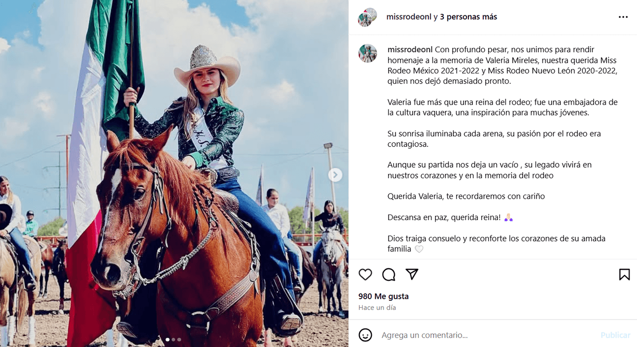 La Federación Mexicana de Rodeo informó sobre la muerte de Valeria Mireles.