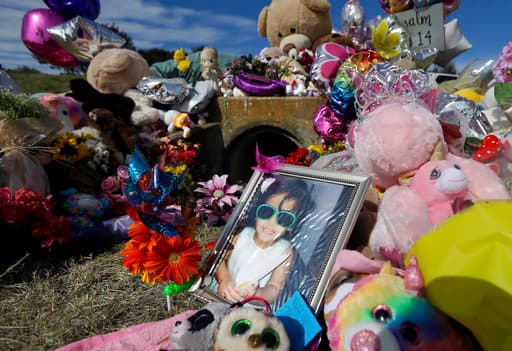 A photograph of 3-year-old Sherin Mathews sits by a makeshift memorial, Saturday, Oct. 28, 2017, in Richardson, Texas. A team of volunteer search and rescue dog handlers who helped search for a slain toddler in Texas say the dog that helped find her caught a scent from a long distance and went to an area not scheduled to be searched. (AP Photo/Tony Gutierrez)