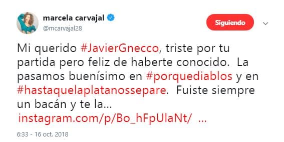 La noticia fue confirmada por la actriz Marcela Carvajal a través de su cuenta oficial de Instagram y Twitter.
