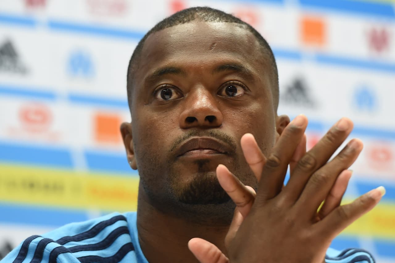 Marseille's French defender Patrice Evra holds a press conference at the Velodrome Stadium in Marseille, southeastern France, on August 23, 2017 on the eve of the UEFA Europa League play-off football match between Marseille and NK Domzale. / AFP PHOTO / BORIS HORVAT (Photo credit should read BORIS HORVAT/AFP/Getty Images)