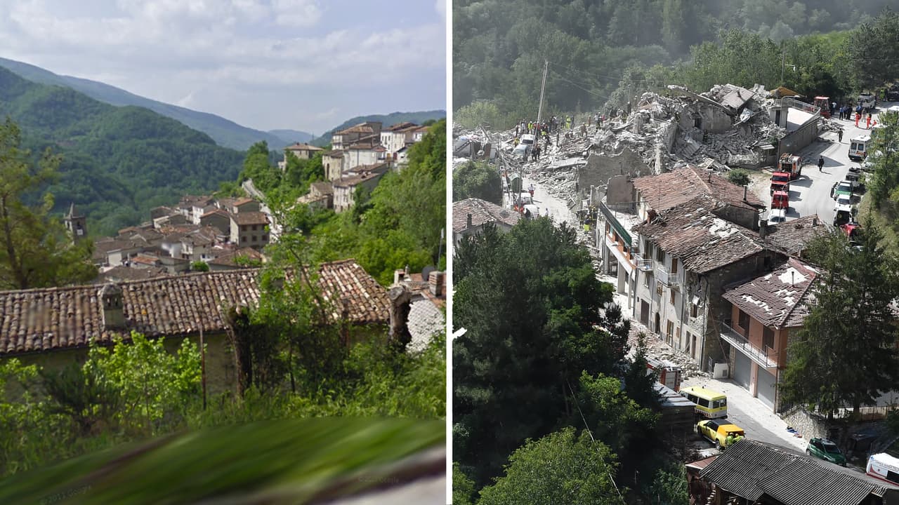 El movimiento de tierra, al que siguieron varias réplicas, despertó a la población incluso en Roma, a unas 93.21 millas (150 km) del epicentro, que fue ubicado por el USGS cerca de Norcia, una ciudad de la región de Umbría. En la foto el ántes y después de Pescara del Tronto.