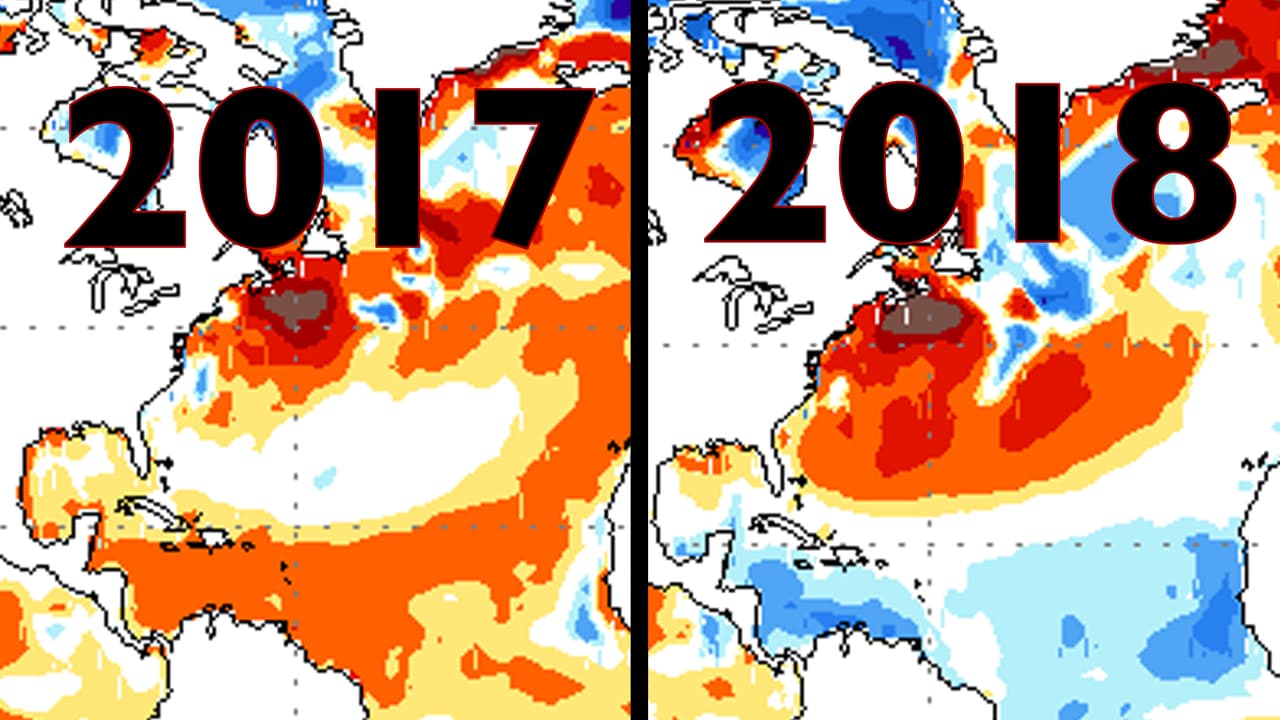2017-2018 seasonal hurricane forecasts: compare the sea surface temperatures in 2017 and 2018 in the main area for hurricane development in the Atlantic between the west coast of Africa and the Caribbean (red is warmer and blue is cooler).