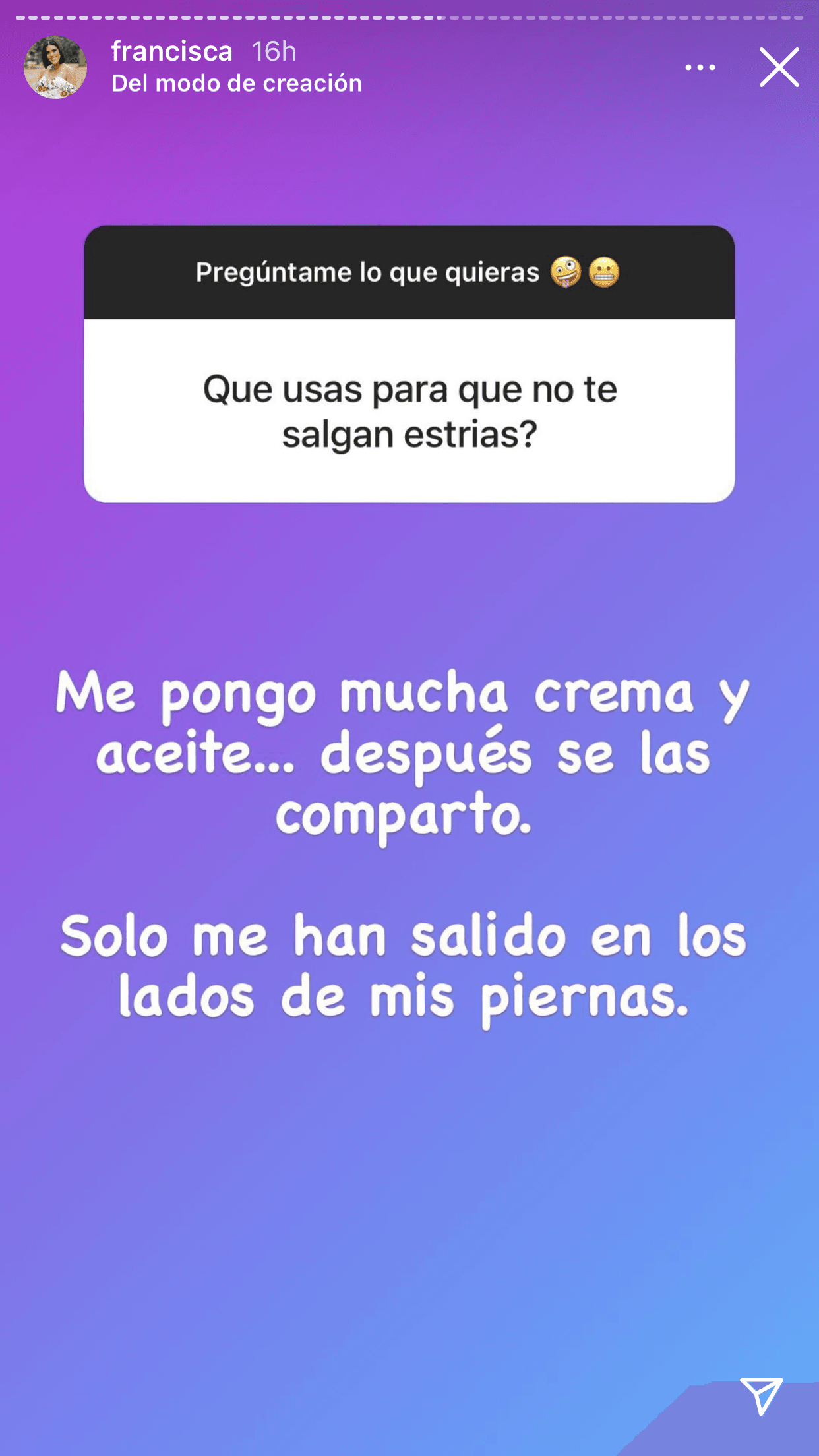Compartió que se pone "mucha crema y aceite" 
<b><a href="https://www.univision.com/shows/despierta-america/francisca-lachapel-embarazada-cuerpo-cirugias-fotos" target="_blank">para evitar la aparición de estrías</a></b>. Por ahora, no tiene mucho de qué preocuparse pues solo le han salido a "los lados de las piernas". 
<br>