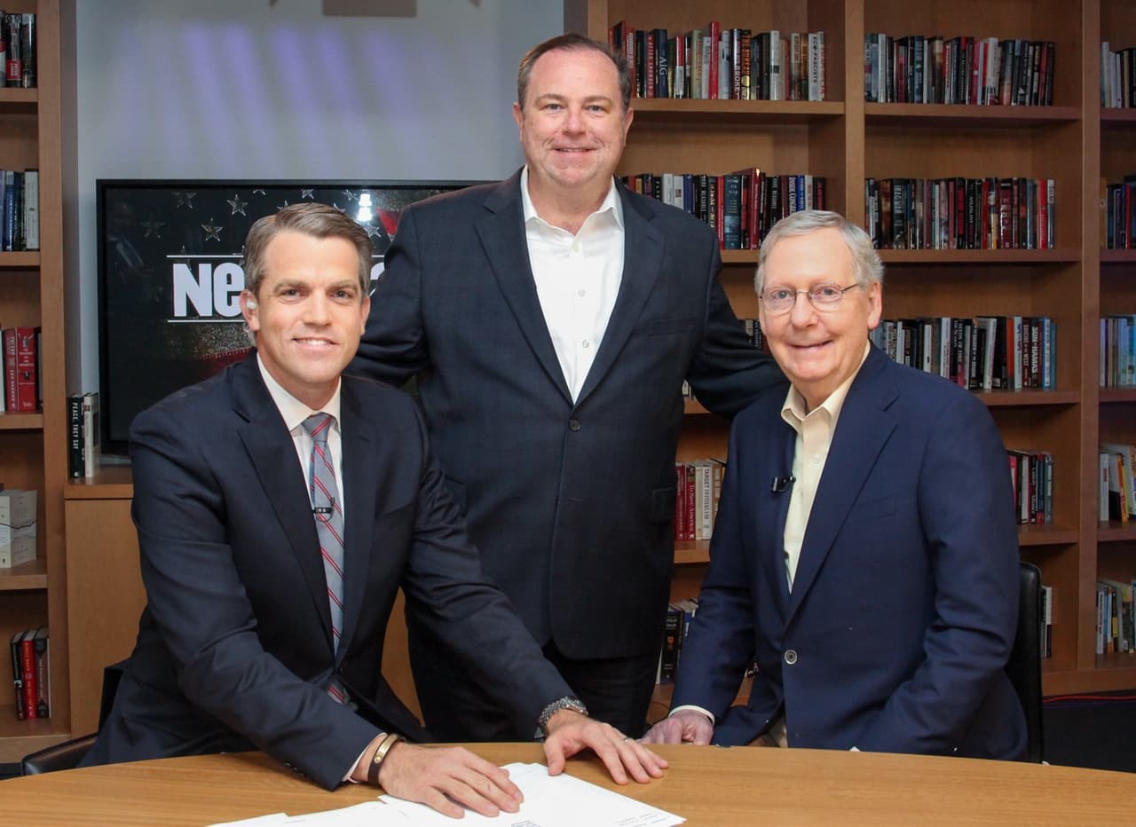 Christopher Ruddy (c) with Republican Senate leader, Mitch McConnell (r) and Newsmax's John Bachman (r). April 13, 2017. Twitter @ChrisRuddyNMX
