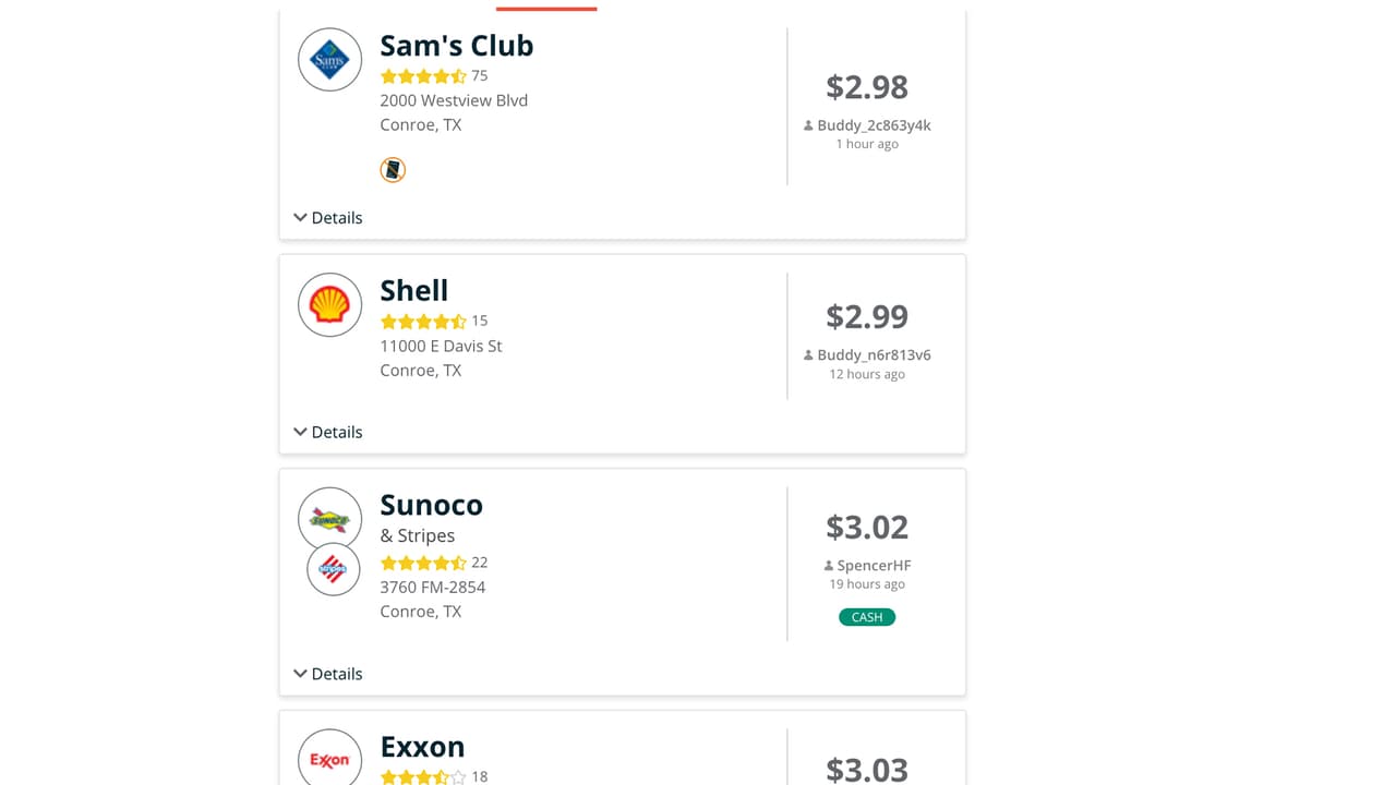 Estos son los precios en el ´área de Conroe este viernes, de acuerdo con la aplicación GasBuddy.