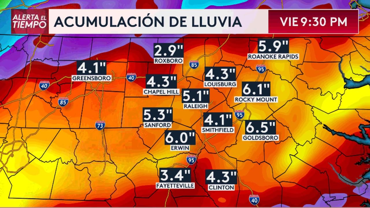 Una alerta de inundación repentina fue emitida para gran parte de Carolina del Norte hasta las 8 pm del viernes.