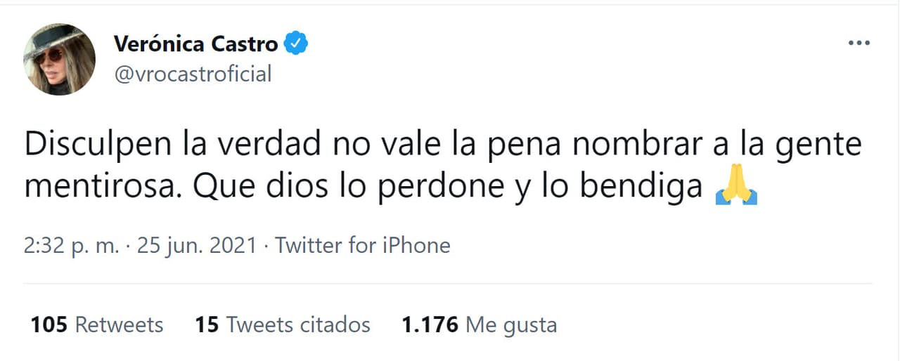 En este otro tuit que publicó 38 minutos después, escribió
<b><a href="https://twitter.com/vrocastroficial/status/1408508413127151621" target="_blank">"que Dios lo perdone y lo bendiga"</a></b>, pero no mencionó a Manolo Caro. Algunos fans y medios han asumido que se trató de un mensaje dirigido a él.
<br>