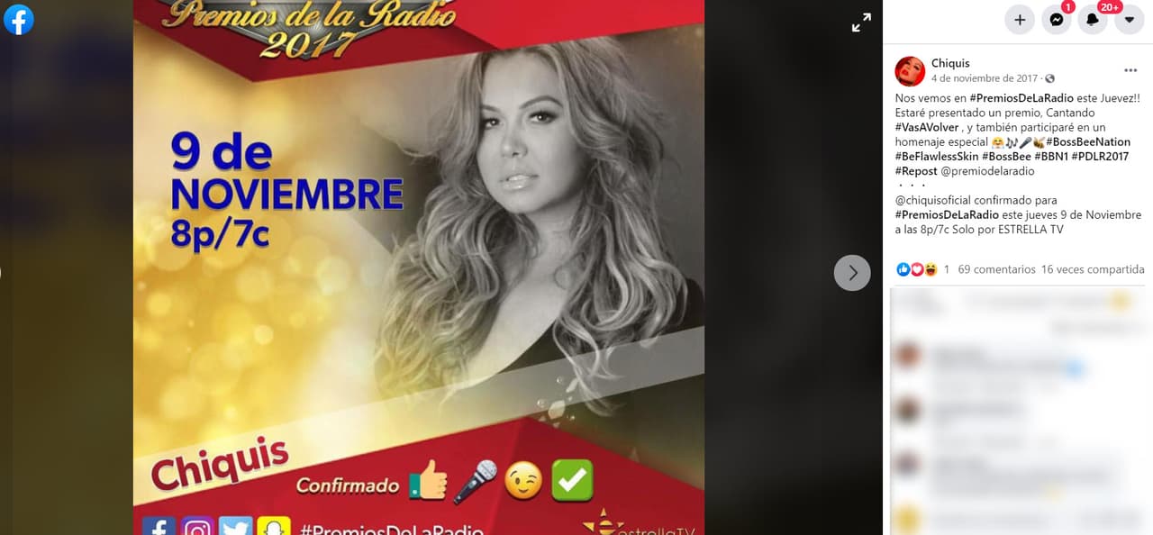 Para estas fechas, Chiquis se presentó en los 
<b>Premios de la Radio</b>, donde hizo un homenaje a Paquita la del Barrio, interpretando 'Me saludas a la tuya', algo que le dio gusto. 
<br>