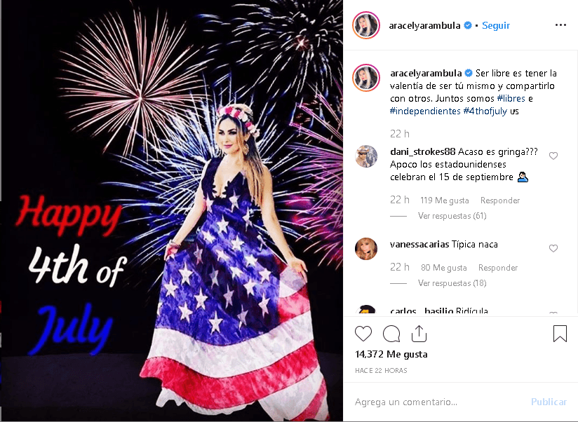 Otra de las latinas que conmemoraron la independencia estadounidense fue 
<b>Aracely Arámbula</b>, quien publicó esta imagen a su cuenta de 
<b><a href="https://www.instagram.com/p/BzgLdVfBPUC/" target="_blank">Instagram</a></b>, junto al texto: "Ser libre es tener la valentía de ser tú mismo y compartirlo con otros. Juntos somos libres e independientes".