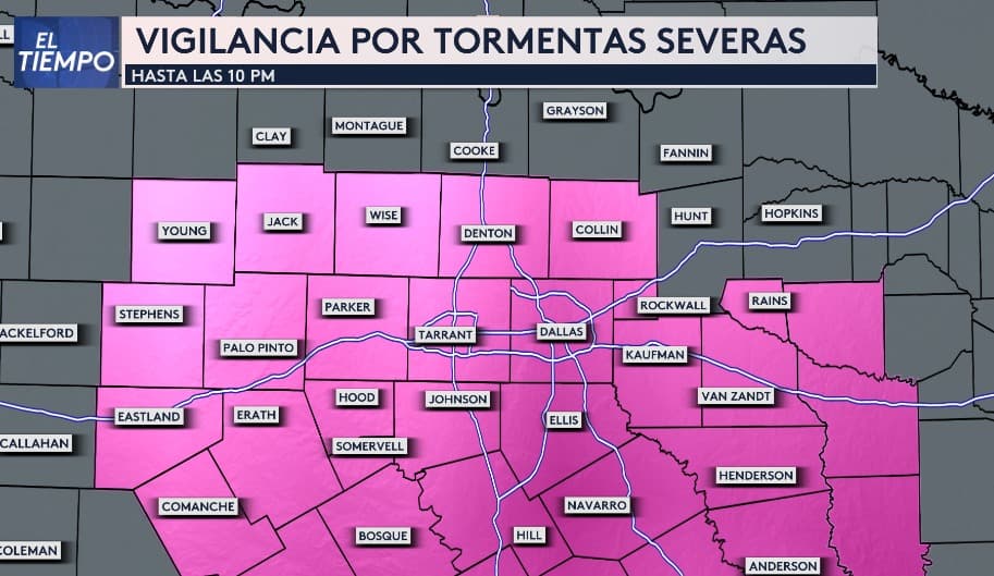 <b>Vigilancia por Tormentas Severas:</b> Hasta las 10 de la noche, afecta a varios condados en el norte de Texas, incluyendo 
<b>Dallas, Tarrant, Denton y Collin.</b> Esto indica que en las próximas horas podrían presentarse condiciones para la formación de tormentas, con 
<b>fuertes vientos, granizo de gran tamaño y la posibilidad de tornados.</b>