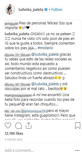 "¡Oigan ya no se peleen! Nunca he visto un solo post de pies en Instagram que le guste a todos. Siempre comentan sobre los pies. Misterio.", comentó Ludwika.