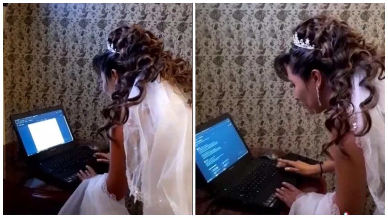 Mujer presenta trabajo escolar antes de su boda y se hace viral: ya estaba vestida de novia