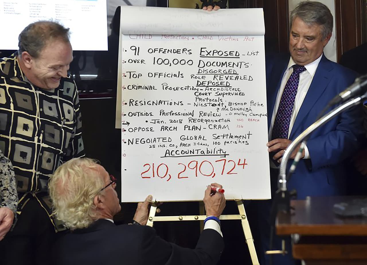El abogado Jeff Anderson escribe el total del monto del acuerdo en una pizarra durante la conferencia de prensa.