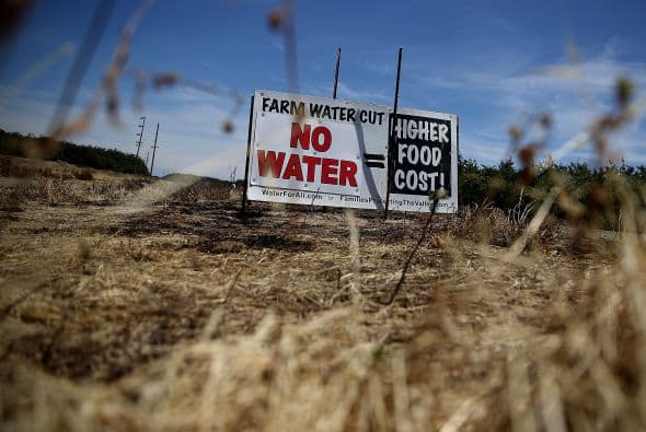 Cartel en Firegaugh en medio de un campo baldío en el que puede leerse -en inglés- "Sin agua, precios más altos para la comida".