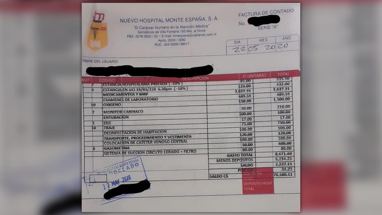H.E.F.D. estuvo internado en el Nuevo Hospital Monte España un total de 10 días. El precio de su estancia, más honorarios médicos y medicina, excedió los 10 mil dólares.