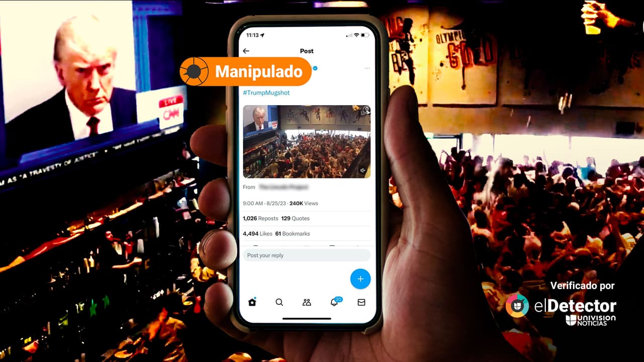 Esa multitud no está celebrando en un bar al ver la foto policial de Trump: es un montaje