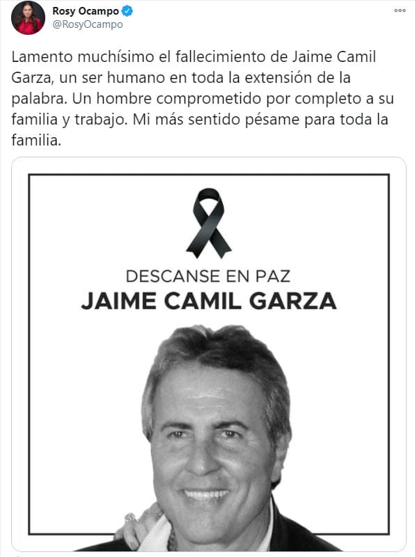 Rosy Ocampo, productora de la telenovela 
<b>Vencer el Desamor</b>, fue otra de las figuras que destacó el lado humano del padre de Jaime Camil. "Lamento muchísimo el fallecimiento de Jaime Camil Garza, 
<b><a href="https://twitter.com/RosyOcampo/status/1335830237477806080" target="_blank">un ser humano en toda la extensión</a></b> de la palabra. Un hombre comprometido por completo a su familia y trabajo. Mi más sentido pésame para toda la familia".
