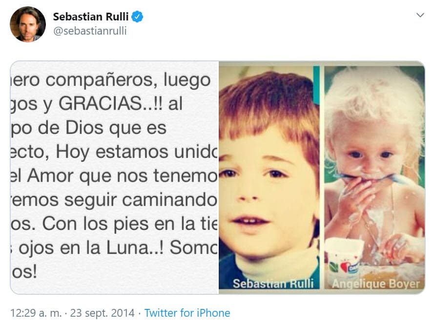 "Primero compañeros, luego amigos y gracias al tiempo de Dios que es perfecto hoy estamos unidos por el amor que nos tenemos y queremos seguir caminando juntos. Con los pies en la tierra y los ojos en la luna. ¡Somos novios!", escribió el actor en su cuenta de Twitter junto a dos fotografías de ambos de cuando eran pequeños. 
<br>