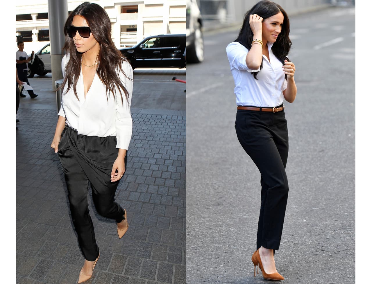 En 2014, Kardashian fue sorprendida abordando un avión en el aeropuerto de Los Ángeles, California, se dirigía a Francia para preparar su boda con Kanye West. Para ese momento eligió un atuendo bicolor: pantalones negros, blusa blanca y zapatos color nude. Cinco años después, Meghan fue vista llevando un look muy parecido: pantalones Jigsaw, camisa Misha Nonoo y zapatos marrón de Manolo Blahnik.