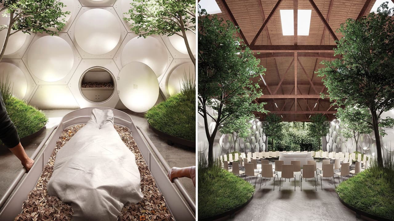 Recreación de la firma de arquitectura Olson Kundig, que trabaja con Recompose en el diseño de un espacio para ceremonias y rituales.