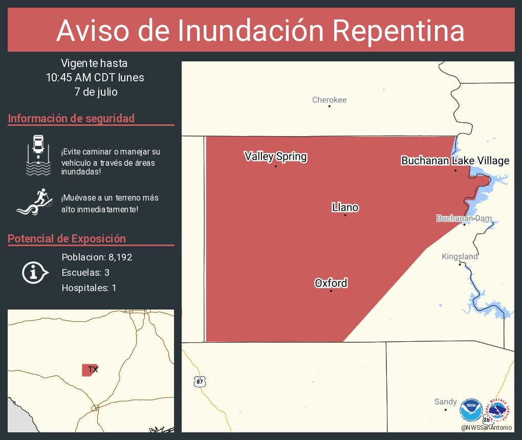 Área bajo aviso por inundación repentina.