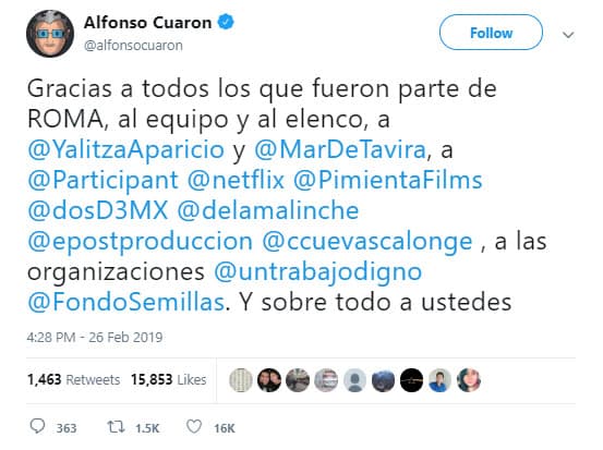 Desde hace semanas ha estado agradeciendo a través de Twitter a quienes formaron parte de la multipremiada 'Roma'.