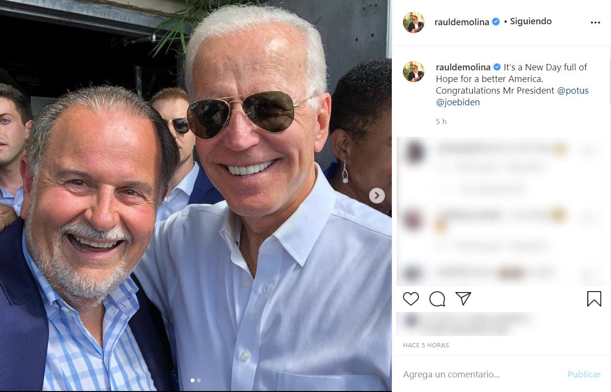 <b>Raúl de Molina</b> también aplaudió al mandatario: "Es un nuevo día lleno de esperanza para un mejor Estados Unidos. Felicitaciones señor presidente Joe Biden".
<br>