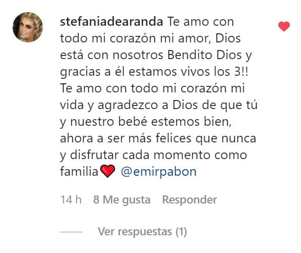 Ante tal muestra de amor, ella le contestó de la misma forma y agradeció que "¡están vivos los 3!": "Ahora a ser más felices que nunca y disfrutar cada momento como familia". 
<br>