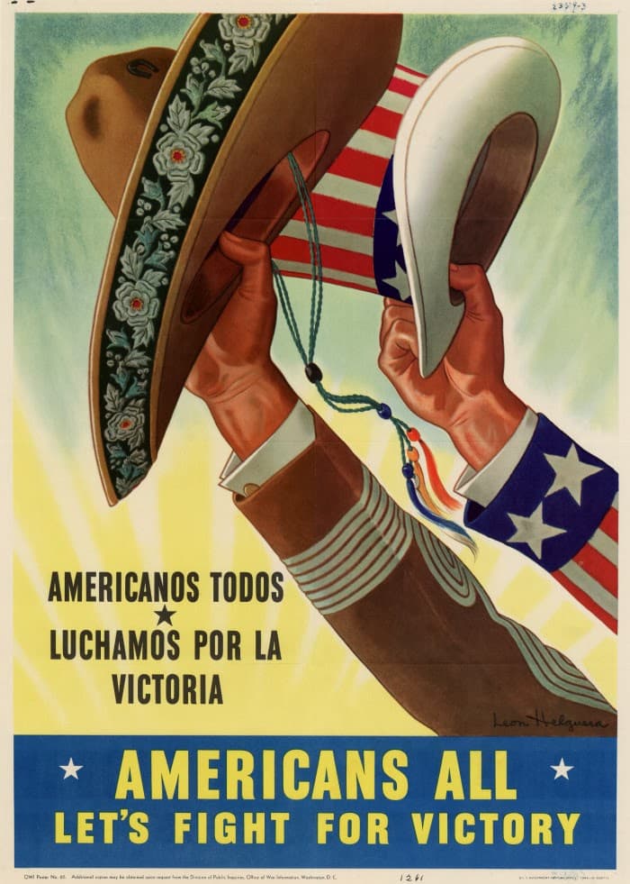 Este cartel llamaba a la unión entre mexicanos y estadounidenses "americanos todos" en contra del fascismo.
