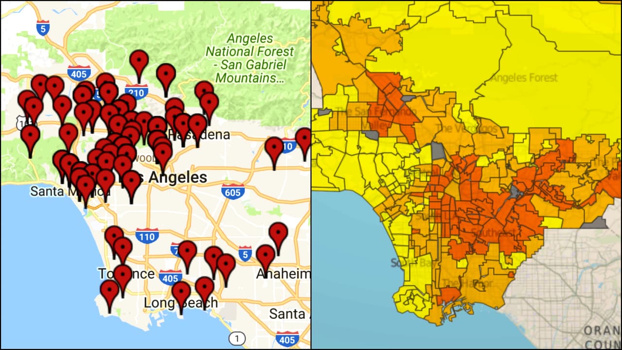 A la izquierda los grupos comunitarios de Indivisble contra Trump y a la derecha la alta concentración de hispanos en rojo.
