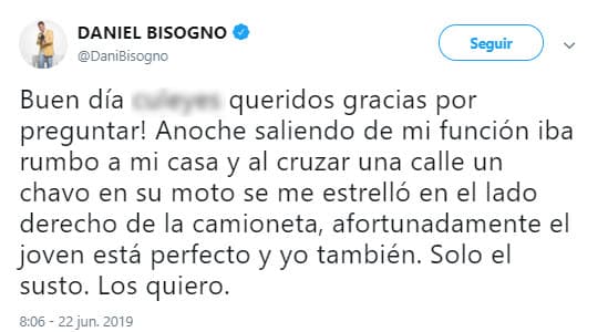 Tras surgir varias teorías sobre lo sucedido, el presentador del programa de espectáculos Ventaneando explicó en un mensaje de su cuenta de Twitter que se encontraba bien.
<br>