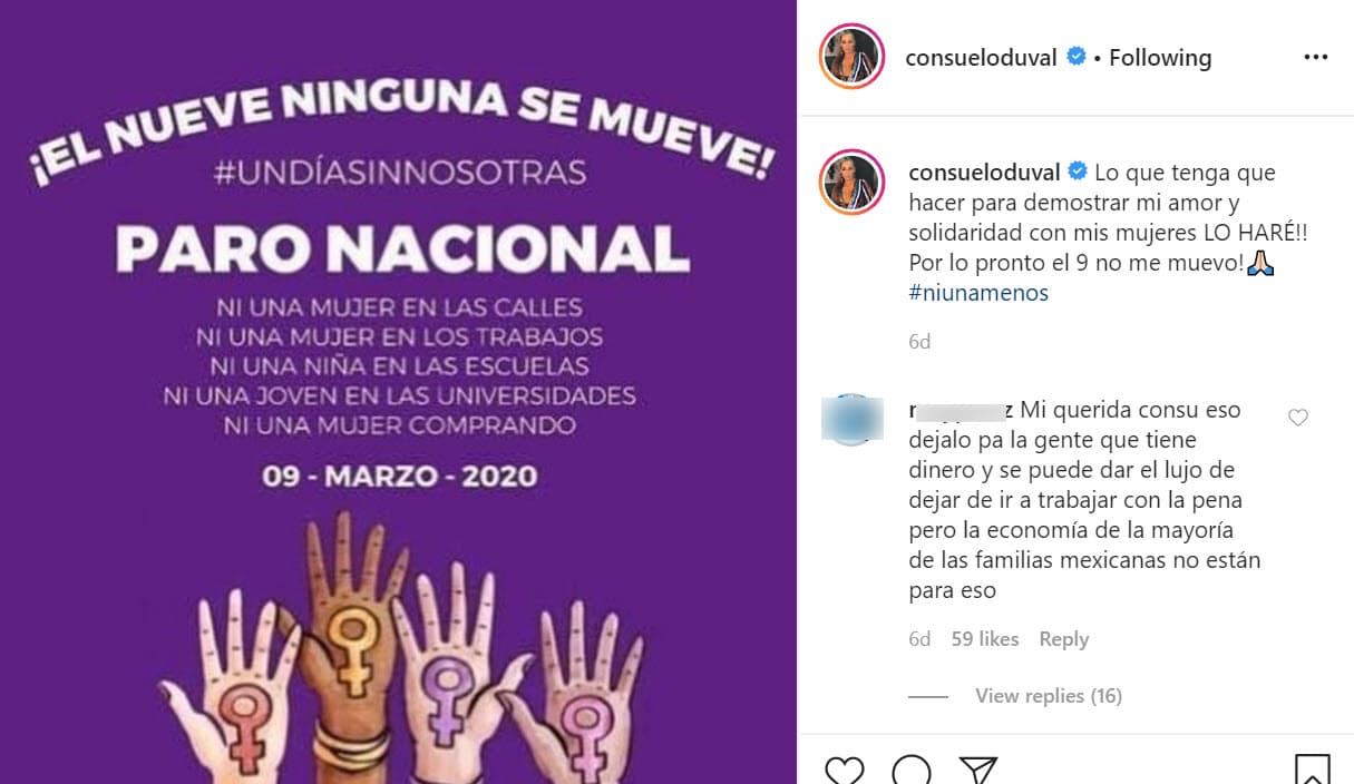 "¡Lo que tenga que hacer para demostrar mi amor y solidaridad con mis mujeres lo haré! Por lo pronto, 
<b><a href="https://www.instagram.com/p/B8ylTnzgBKN/" target="_blank">¡el 9 no me muevo!</a></b>", escribió. 
<br>