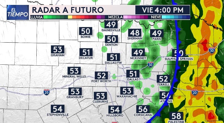 Las posibilidades de lluvia se dispersan a las 4:00pm del viernes, solo algunas ciudades al este recibirán el frente frío y algunos aguaceros. Podemos ver cómo afectan a Athens, Terrell y Palestine.