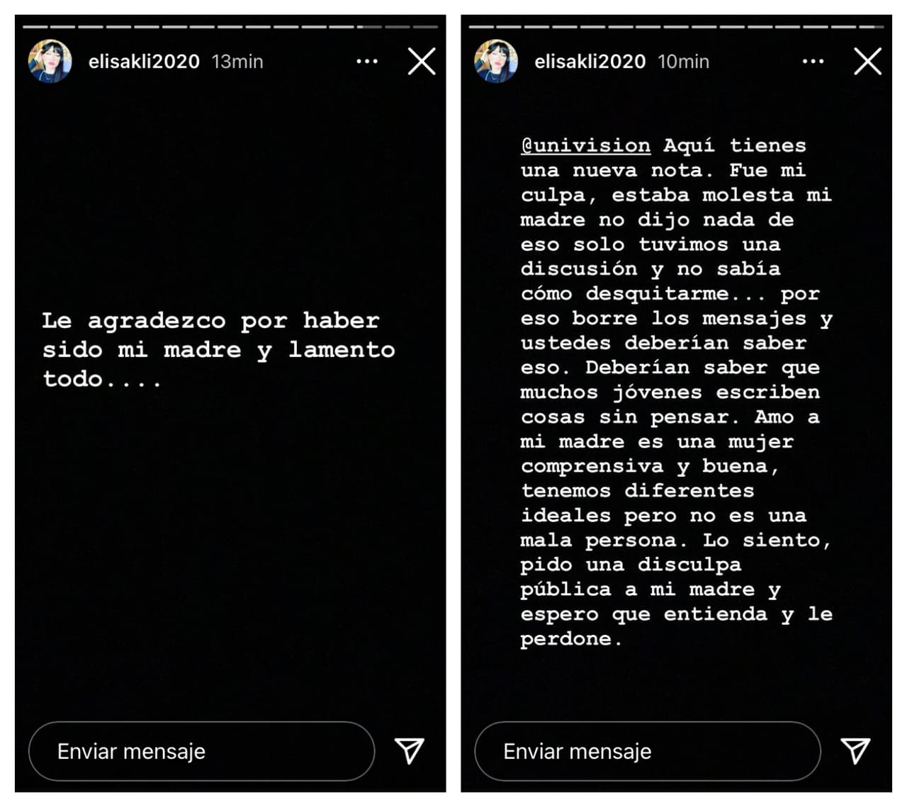 Finalmente, reconoció que lo sucedido fue "su culpa" y aclaró que la actriz "no dijo nada" de lo que ella le atribuyó. "Tuvimos una discusión y no sabía cómo desquitarme". Admitió que sus palabras fueron consecuencia de que "los jóvenes escriben sin pensar" y defendió a la actriz. La calificó como una mujer 
<b><a href="https://www.univision.com/famosos/cynthia-klitbo-apoyara-a-su-hija-si-decide-operarse-la-nariz-cuando-cumpla-15-anos-fotos" target="_blank">"comprensiva y buena"</a></b> y expresó el deseo de recibir su perdón. 
<br>