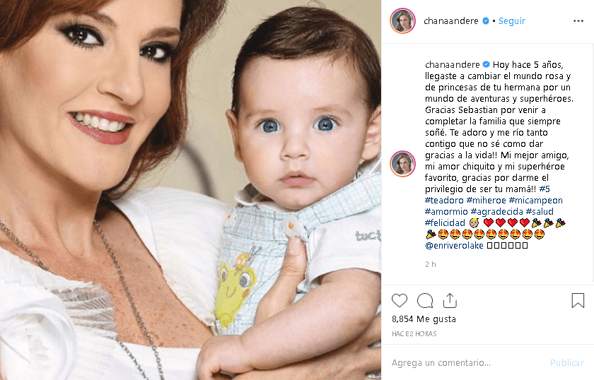 “Hace 5 años, llegaste a cambiar el mundo rosa y de princesas de 
<b><a href="https://www.univision.com/famosos/chantal-andere-celebra-en-grande-el-nacimiento-de-la-nina-que-hace-10-anos-le-cambio-la-vida-fotos">tu hermana (Natalia)</a></b> por un mundo de aventuras y superhéroes. Gracias, Sebastián, por venir a completar la familia que siempre soñé”, escribió la actriz.