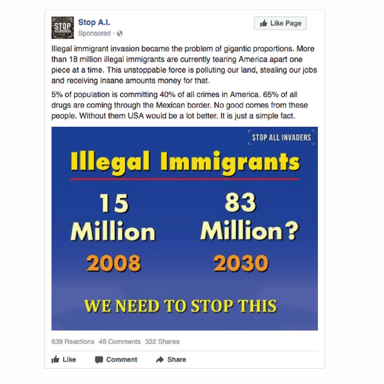 <b>Anuncio 1275.</b> “La invasión ilegal de inmigrantes se convirtió en un problema de proporciones gigantescas. Más de 18 millones de inmigrantes ilegales actualmente están destrozando a EEUU pedazo a pedazo. Esta fuerza imparable está contaminando nuestra tierra, robando nuestros trabajos y reciben grandes cantidades de dinero por eso. 5% de la población está cometiendo el 40% de todos los delitos en EEUU. 65% de todas las drogas están llegando a través de la frontera con México. Nada bueno proviene de estas personas. Sin ellos, Estados Unidos estaría mucho mejor. Es una simple realidad”.