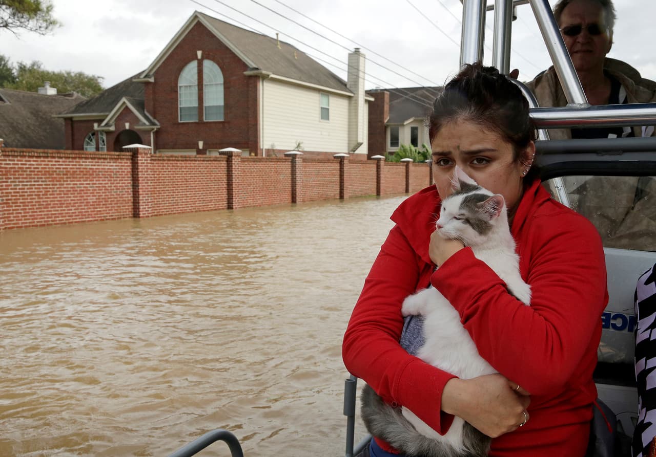 Jannett Martinez escapa en un bote junto a su gata Gigi cuando su vecindario, cercano a la represa Addicks al oeste de Houston, se inundó.