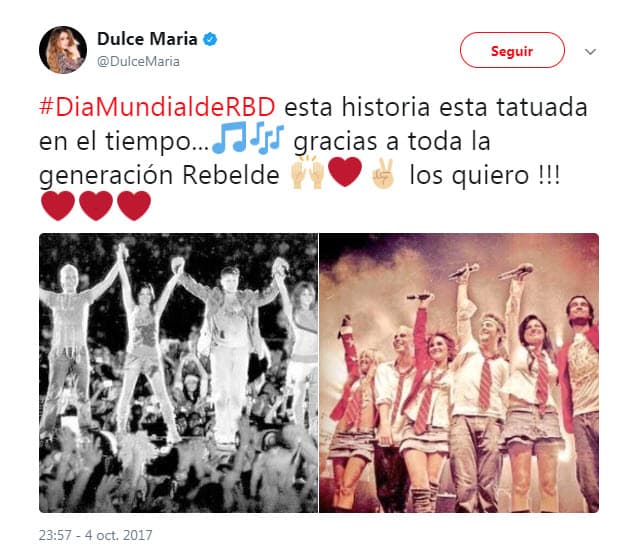 En su cuenta de Twitter escribió el mismo texto, aunque con otras imágenes: "#
<b>DiaMundialdeRBD</b> esta historia esta tatuada en el tiempo... gracias a toda la generación Rebelde los quiero !!!".