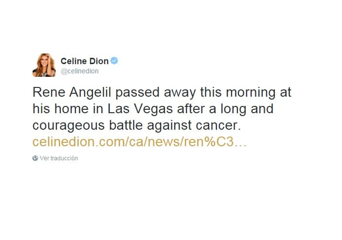 En la cuenta oficial de Twitter de Celine Dione, se hizo el anuncio y se confirmó la noticia.