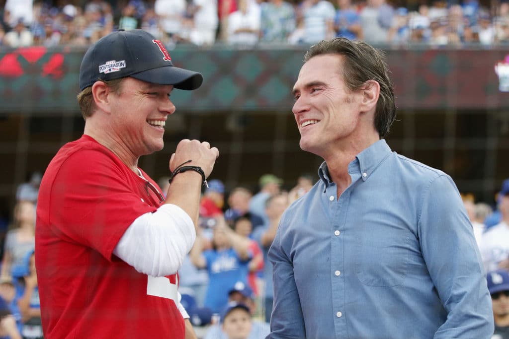 LOS ANGELES, CA - OCTOBER 28: Actor Matt Damon and Billy Crudup attend Game Five of the 2018 World Series between the Los Angeles Dodgers and the Boston Red Sox at Dodger Stadium on October 28, 2018 in Los Angeles, California. (Photo by Sean M. Haffey/Getty Images)