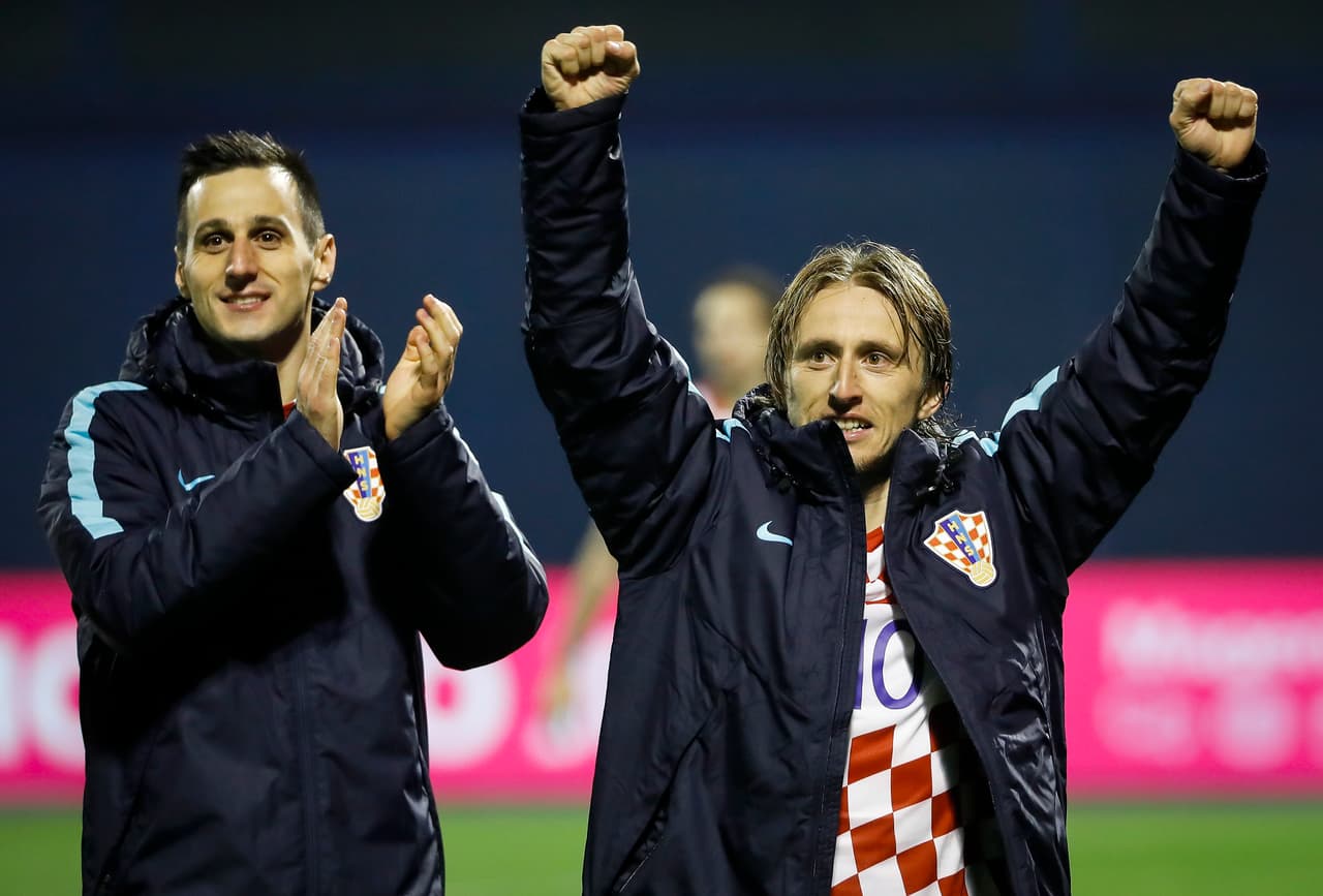 ZAGREB, CROATIA - NOVEMBER 09: Luka Modric (R) and Nikola Kalinic (L) of Croatia celebrate after winning the FIFA 2018 World Cup Qualifier Play-Off: First Leg match between Croatia and Greece at Stadion Maksimir on November 9, 2017 in Zagreb, Croatia (Photo by Srdjan Stevanovic/Getty Images)