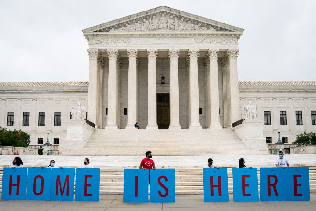 DACA recipients and their supporters rally outside the U.S. Supreme Court on June 18, 2020 in Washington, DC.