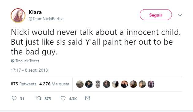 Otra de las publicaciones a las que la cuenta de Nicki dio 'like' fue al enviado al día siguiente del incidente por @TeamNickiBarbz: "Nicki nunca hablaría sobre un niño inocente. Pero como mi hermana dijo, todos ustedes la pintan como la mala de la historia".
<br>