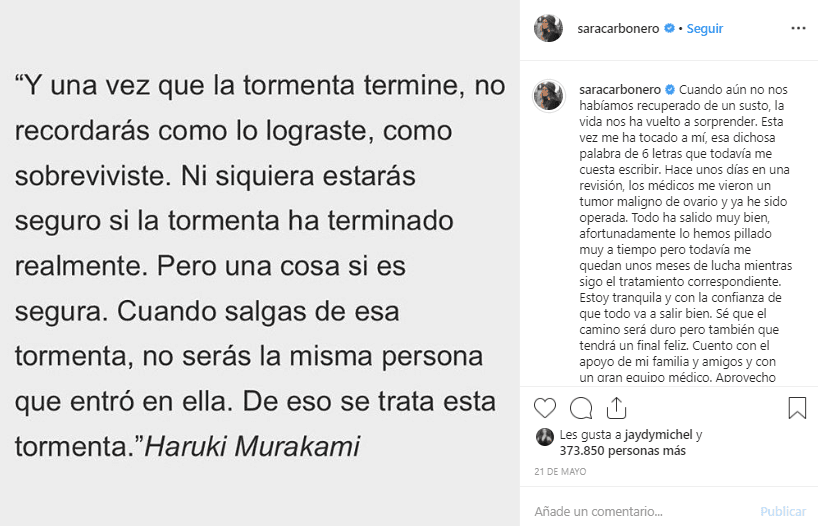 “Cuando aún no nos habíamos recuperado de un susto, la vida nos ha vuelto a sorprender. Esta vez me ha tocado a mí, esa dichosa palabra de 6 letras que todavía me cuesta escribir”, comentó en el largo mensaje que compartió con sus seguidores.