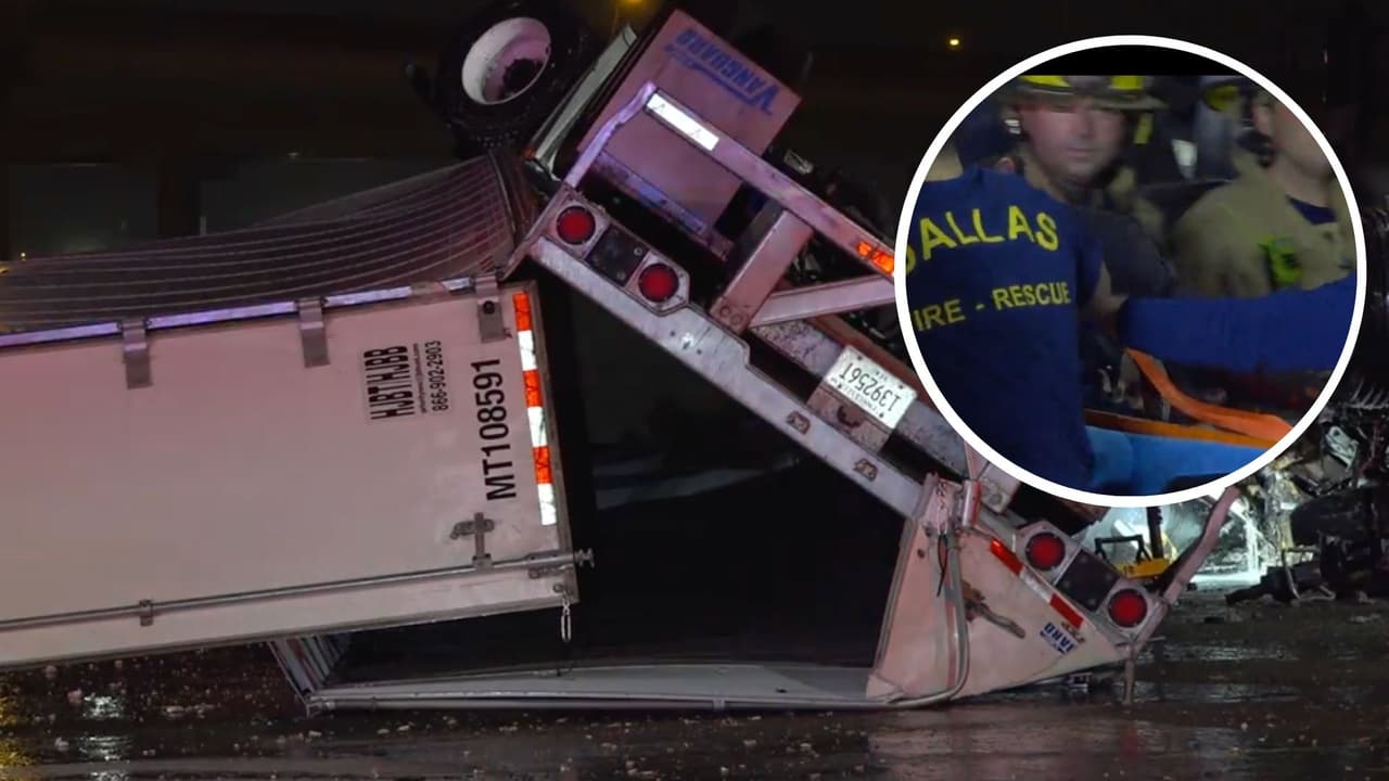 Así fue el rescate de un conductor de un tráiler, tras caer de un puente vehicular