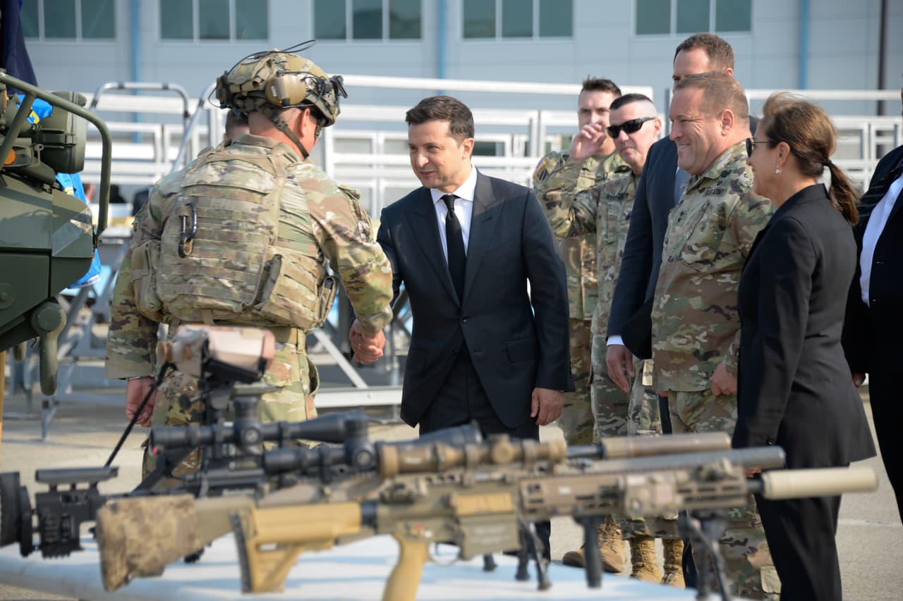 President Volodymir Zelensky receives a demonstration of tactical equipment during a visit to the California Air National Guard’s 129th Rescue Wing at Moffett Air National Guard Base, California, Sept. 2, 2021. The California National Guard and Ukraine State Partnership Program was established in 1993 through the Department of Defense as a means to develop and strengthen the strategic partnership between the U.S. and Ukraine.