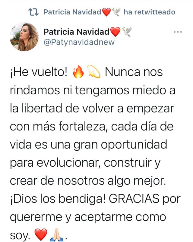 En Twitter, colgó el mismo mensaje solo que ahí agregó la frase
<b><a href="https://twitter.com/patynavidadnew/status/1348327072188555268?s=21" target="_blank">"he vuelto"</a></b> al inicio de la publicación.
<br>