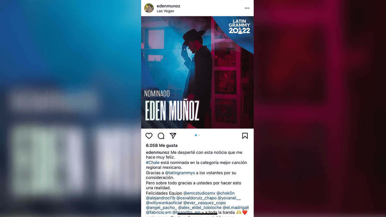 Edén Muñoz, quien fuera el 
<a href="https://www.univision.com/musica/eden-munoz-es-el-uforia-artist-of-the-month-fotos" target="_blank">Uforia #ArtistOfTheMonth de mayo</a>, recibió en Las Vegas la nominación por su canción 'Chale', nominada a la Mejor Canción Regional Mexicano.