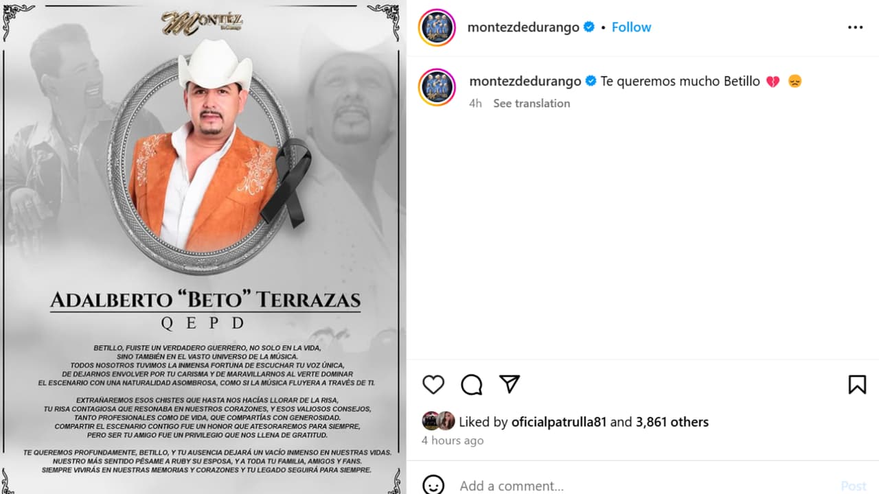 Montéz de Durango dio a conocer así en Instagram la muerte de su vocalista Adalberto 'Beto' Terrazas.